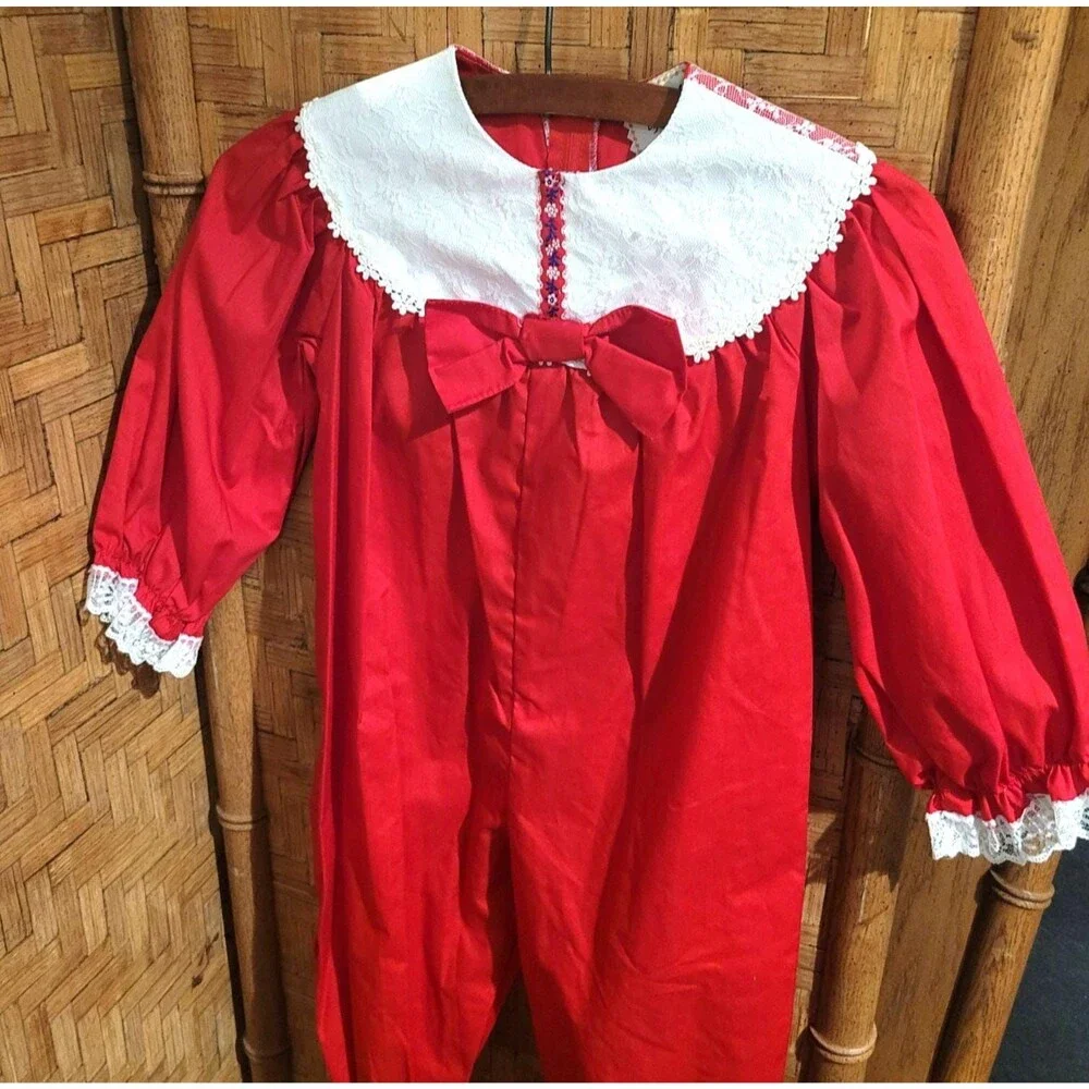 MINT Vtg 80s OOAK Red Christmas Toddler Romper Lace 4T One Piece Jumpsuit Outfit